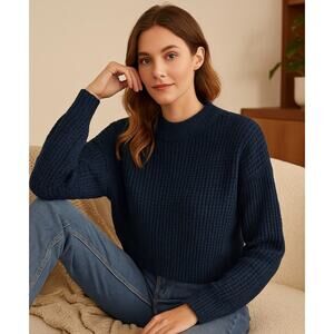 Shein Navy Blue Waffle Knit Pullover Sweater Cozy Minimalist Size M